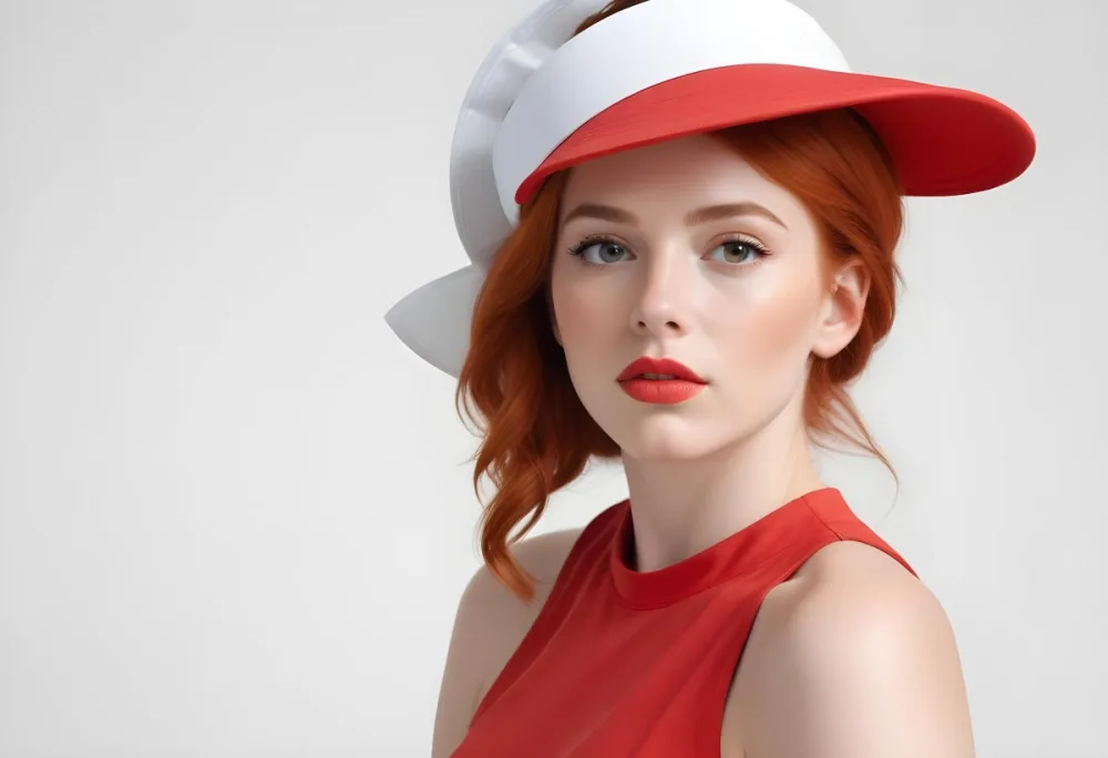 A Caucasian Woman 23 Years Old With Red Hair And White Lips Wearing A Red Dress And A White Visor White Background 5 Adc0