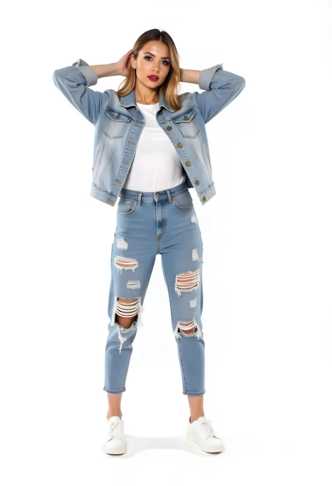 A Caucasian Woman 23 Years Old With Red Lips Wearing A Denim Jacket And Ripped Jeans In A White Background 28 4d28