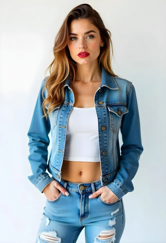 A Caucasian Woman 23 Years Old With Red Lips Wearing A Denim Jacket And Ripped Jeans In A White Background 35 2f02