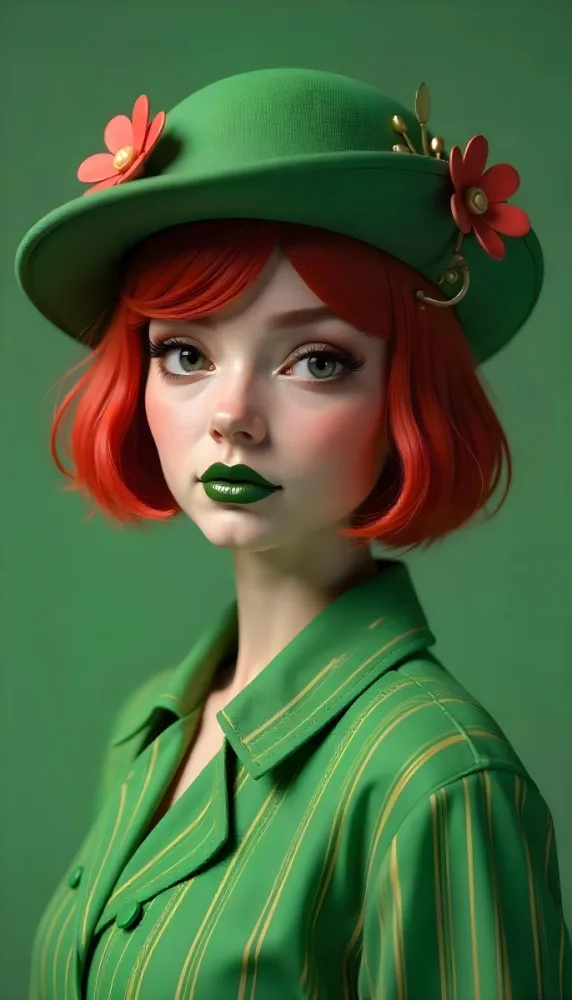 A Caucasian Woman 23 Years Old With Short Red Hair Red Eyeshadow And Green Lips Wearing A Green Flower Hat And A Green Striped Jacket In A Studio 13 Ab03