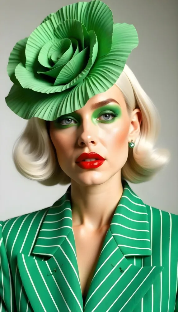 A Caucasian Woman 23 Years Old With Short Red Hair Red Eyeshadow And Green Lips Wearing A Green Flower Hat And A Green Striped Jacket In A Studio 20 5eb8