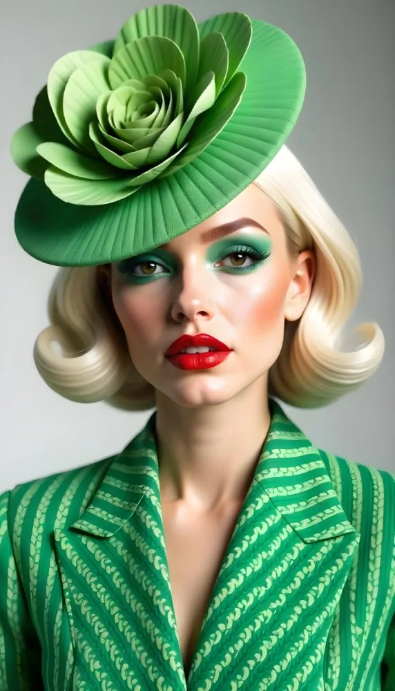 A Caucasian Woman 23 Years Old With Short Red Hair Red Eyeshadow And Green Lips Wearing A Green Flower Hat And A Green Striped Jacket In A Studio 25 5391
