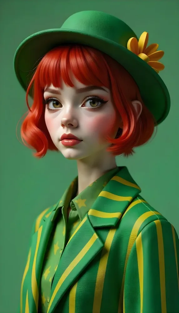 A Caucasian Woman 23 Years Old With Short Red Hair Red Eyeshadow And Green Lips Wearing A Green Flower Hat And A Green Striped Jacket In A Studio 5 243d