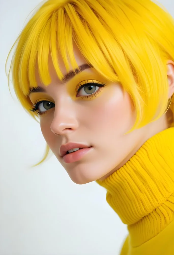 A Caucasian Woman 23 Years Old Yellow Hair Yellow Makeup Wearing A Yellow Turtleneck Sweater Light Skin In Front Of A White Background 15 76cd