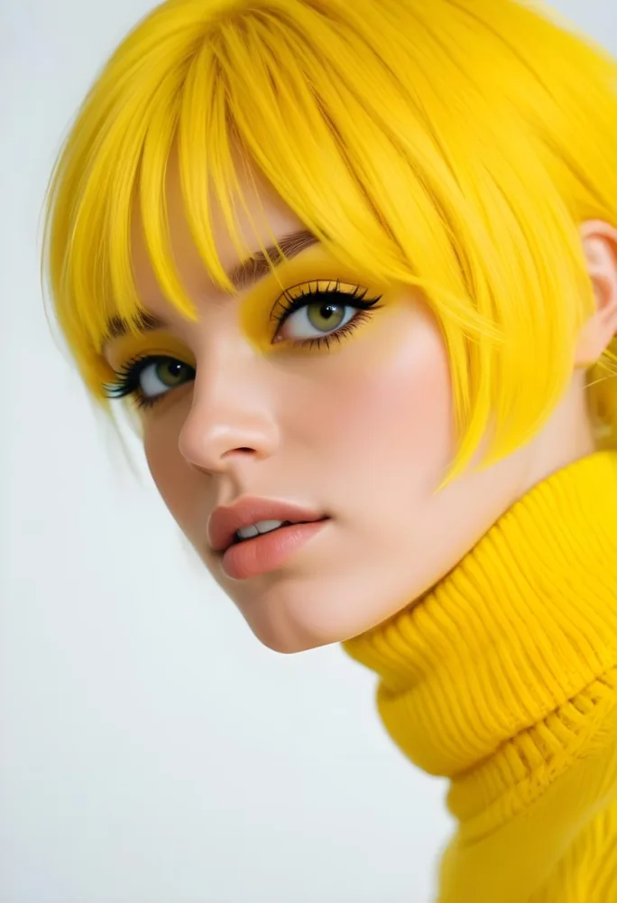 A Caucasian Woman 23 Years Old Yellow Hair Yellow Makeup Wearing A Yellow Turtleneck Sweater Light Skin In Front Of A White Background 17 Bc63