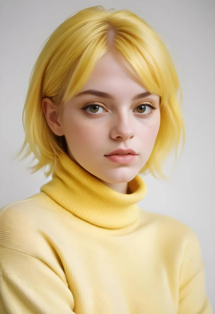 A Caucasian Woman 23 Years Old Yellow Hair Yellow Makeup Wearing A Yellow Turtleneck Sweater Light Skin In Front Of A White Background 19 E3c5