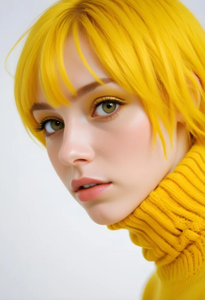 A Caucasian Woman 23 Years Old Yellow Hair Yellow Makeup Wearing A Yellow Turtleneck Sweater Light Skin In Front Of A White Background 22 324f