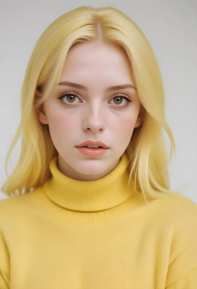 A Caucasian Woman 23 Years Old Yellow Hair Yellow Makeup Wearing A Yellow Turtleneck Sweater Light Skin In Front Of A White Background 23 7bb5