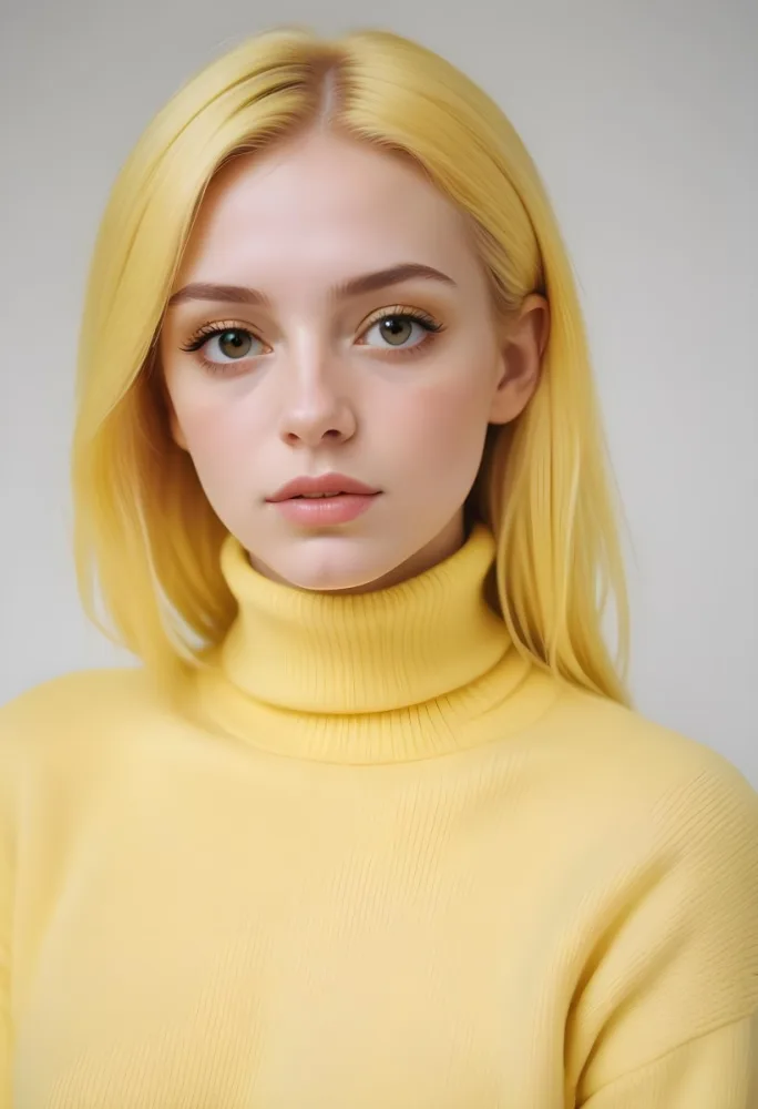 A Caucasian Woman 23 Years Old Yellow Hair Yellow Makeup Wearing A Yellow Turtleneck Sweater Light Skin In Front Of A White Background 24 3448