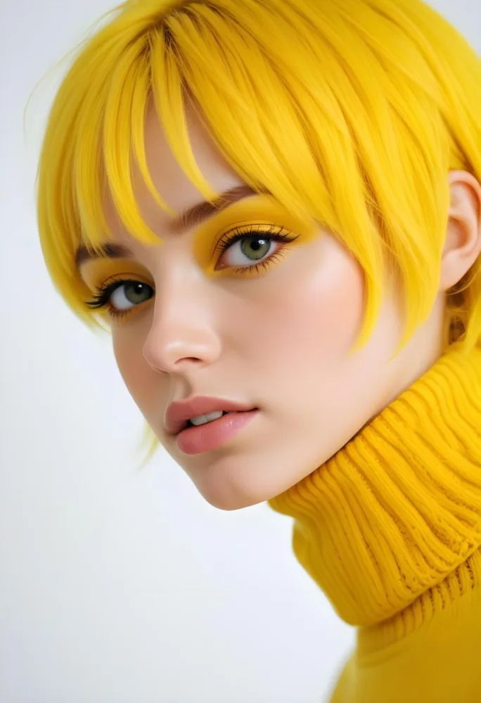 A Caucasian Woman 23 Years Old Yellow Hair Yellow Makeup Wearing A Yellow Turtleneck Sweater Light Skin In Front Of A White Background 25 05fa