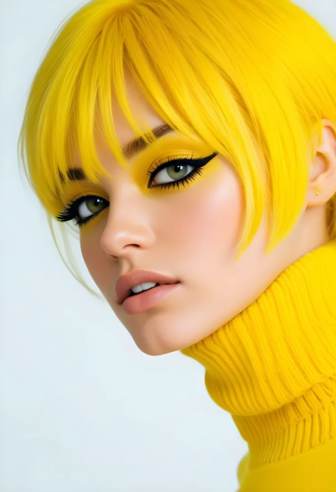 A Caucasian Woman 23 Years Old Yellow Hair Yellow Makeup Wearing A Yellow Turtleneck Sweater Light Skin In Front Of A White Background 3 F966