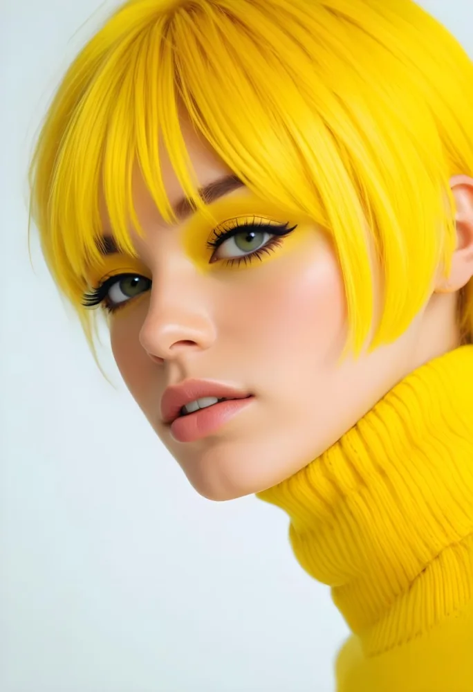 A Caucasian Woman 23 Years Old Yellow Hair Yellow Makeup Wearing A Yellow Turtleneck Sweater Light Skin In Front Of A White Background 33 1132
