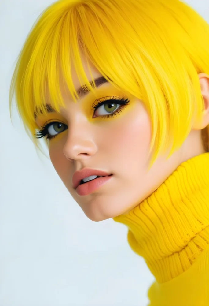 A Caucasian Woman 23 Years Old Yellow Hair Yellow Makeup Wearing A Yellow Turtleneck Sweater Light Skin In Front Of A White Background 4 A40b