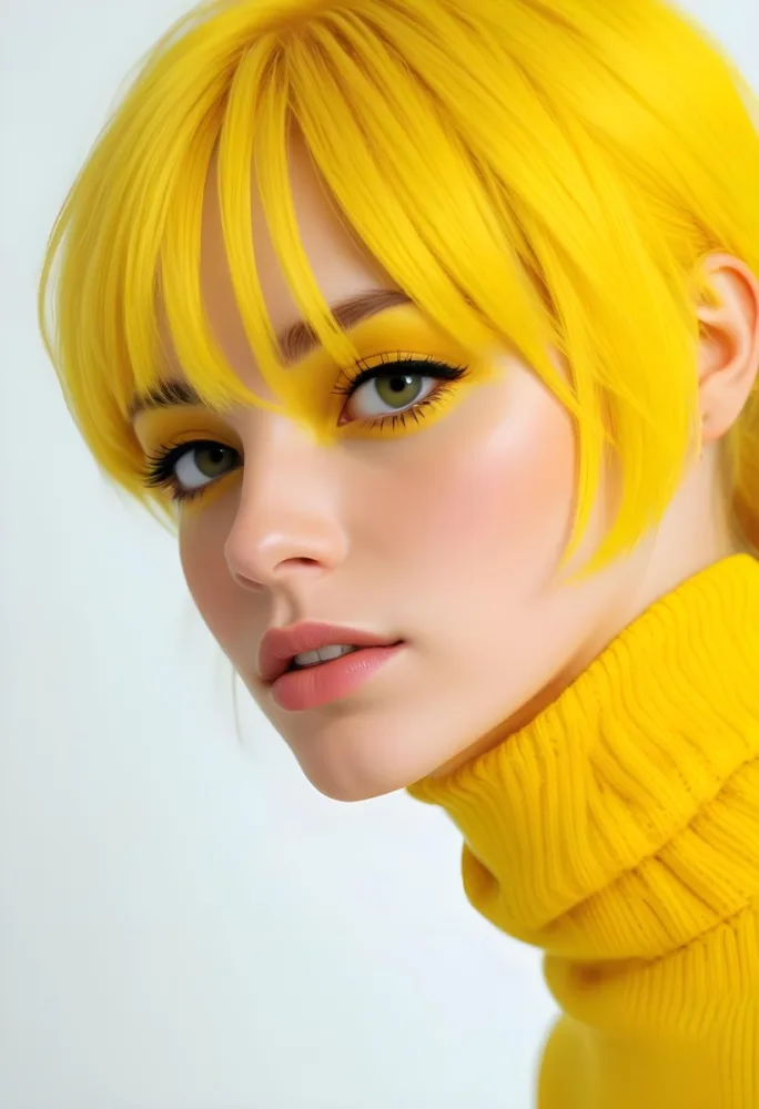 A Caucasian Woman 23 Years Old Yellow Hair Yellow Makeup Wearing A Yellow Turtleneck Sweater Light Skin In Front Of A White Background 6 F5f7