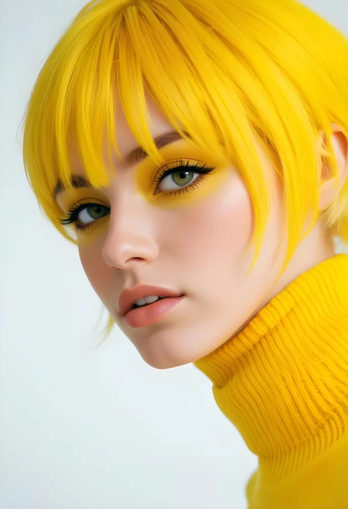 A Caucasian Woman 23 Years Old Yellow Hair Yellow Makeup Wearing A Yellow Turtleneck Sweater Light Skin In Front Of A White Background 7 Af6a