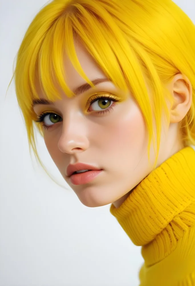 A Caucasian Woman 23 Years Old Yellow Hair Yellow Makeup Wearing A Yellow Turtleneck Sweater Light Skin In Front Of A White Background 9 2cad