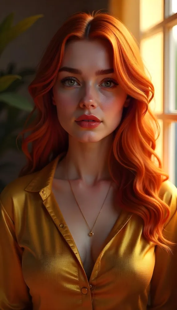 A Caucasian Woman 24 Years Old Red Wavy Hair Red Lipstick Wearing A Golden Shirt In A Room With Sunlight Coming From The Window 13 74d2
