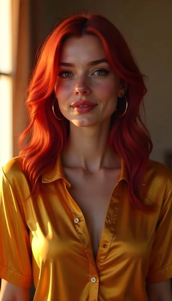 A Caucasian Woman 24 Years Old Red Wavy Hair Red Lipstick Wearing A Golden Shirt In A Room With Sunlight Coming From The Window 17 43c4