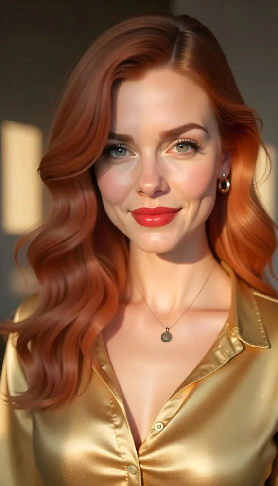 A Caucasian Woman 24 Years Old Red Wavy Hair Red Lipstick Wearing A Golden Shirt In A Room With Sunlight Coming From The Window 26 89e4