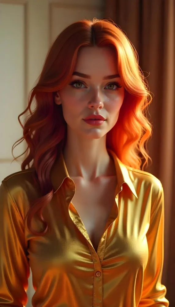 A Caucasian Woman 24 Years Old Red Wavy Hair Red Lipstick Wearing A Golden Shirt In A Room With Sunlight Coming From The Window 3 3648