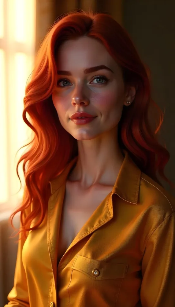 A Caucasian Woman 24 Years Old Red Wavy Hair Red Lipstick Wearing A Golden Shirt In A Room With Sunlight Coming From The Window 32 B62e