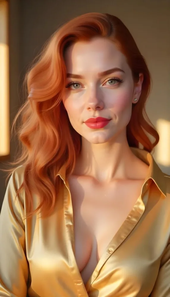 A Caucasian Woman 24 Years Old Red Wavy Hair Red Lipstick Wearing A Golden Shirt In A Room With Sunlight Coming From The Window 6 6e71