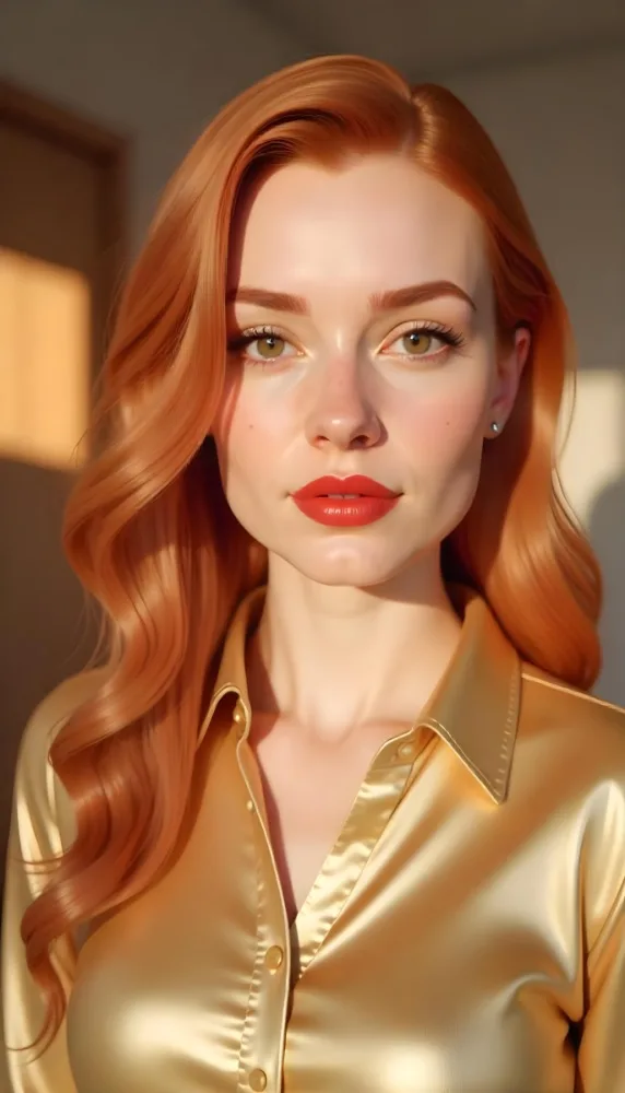 A Caucasian Woman 24 Years Old Red Wavy Hair Red Lipstick Wearing A Golden Shirt In A Room With Sunlight Coming From The Window 7 98a6