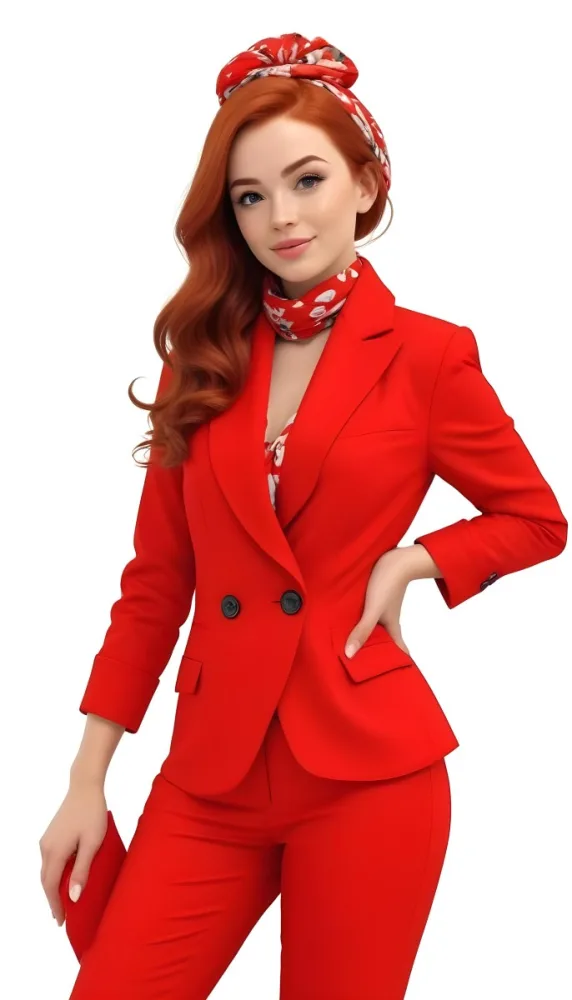 A Caucasian Woman 24 Years Old With Red Hair Wearing A Red Suit And A Floral Scarf Posing In Front Of A White Background 10 5deb