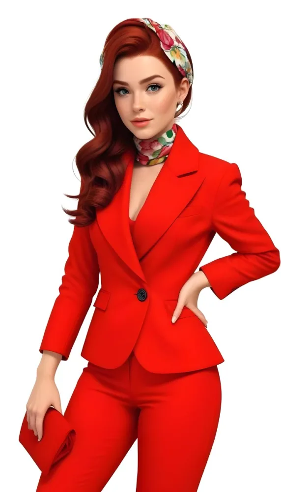 A Caucasian Woman 24 Years Old With Red Hair Wearing A Red Suit And A Floral Scarf Posing In Front Of A White Background 12 6529