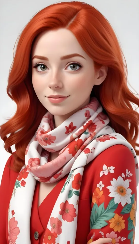 A Caucasian Woman 24 Years Old With Red Hair Wearing A Red Suit And A Floral Scarf Posing In Front Of A White Background 13 4edd