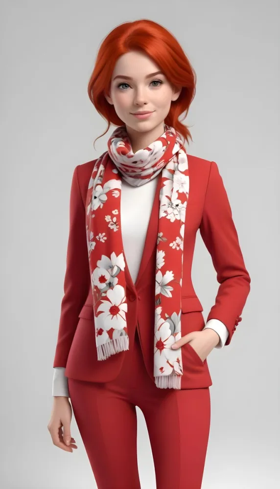 A Caucasian Woman 24 Years Old With Red Hair Wearing A Red Suit And A Floral Scarf Posing In Front Of A White Background 16 B658