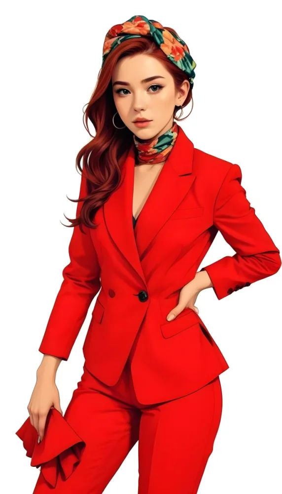A Caucasian Woman 24 Years Old With Red Hair Wearing A Red Suit And A Floral Scarf Posing In Front Of A White Background 33 Ce03