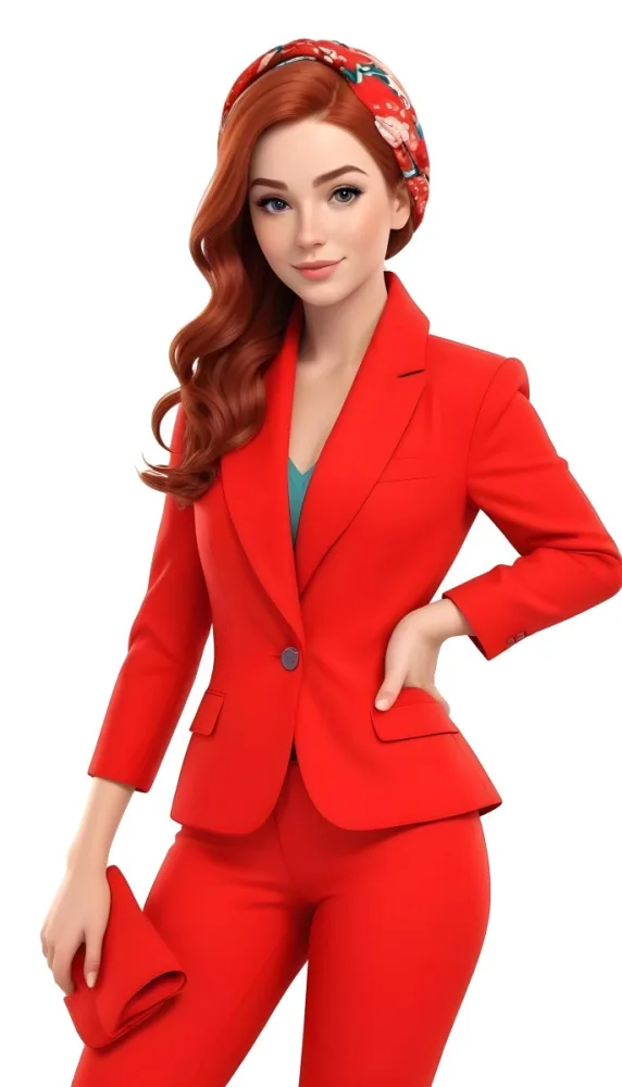 A Caucasian Woman 24 Years Old With Red Hair Wearing A Red Suit And A Floral Scarf Posing In Front Of A White Background 6 1cf8