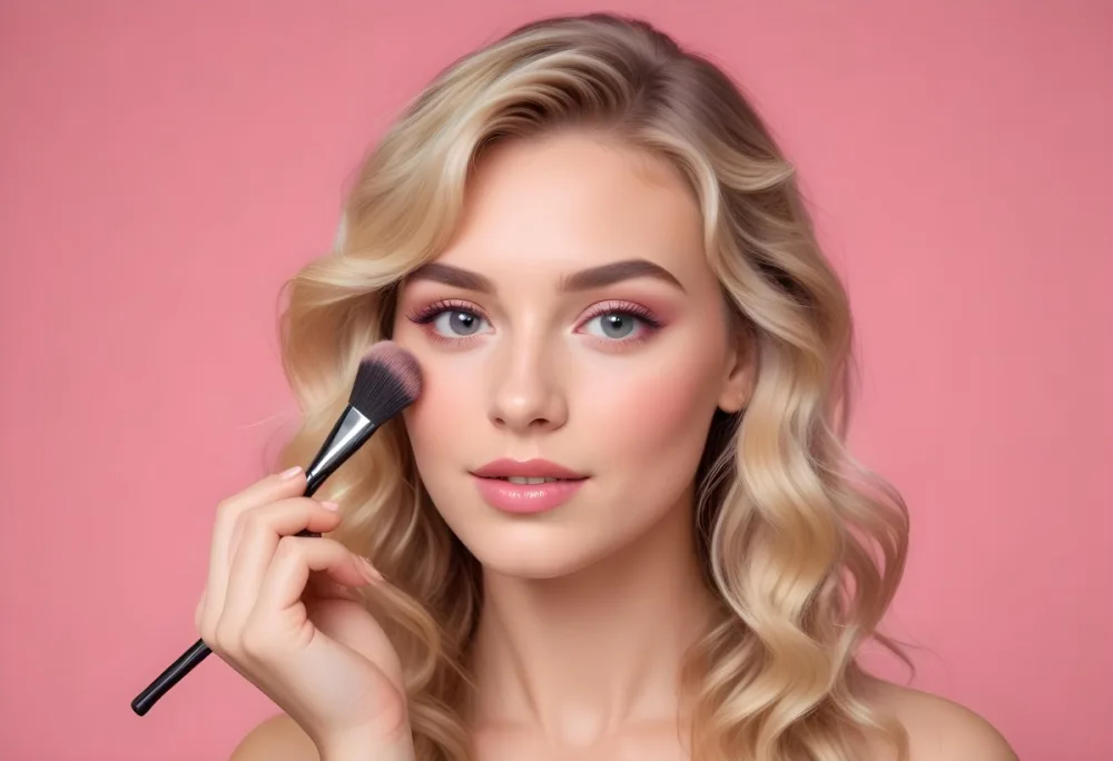A Caucasian Woman 25 Years Old Blonde Wavy Hair Applying Makeup With A Brush On A Pink Background 1 Fdea