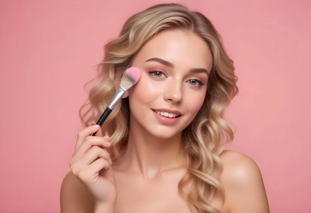 A Caucasian Woman 25 Years Old Blonde Wavy Hair Applying Makeup With A Brush On A Pink Background 4 30c7