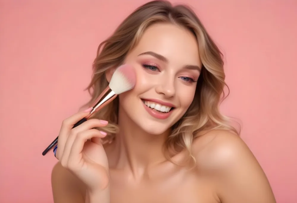 A Caucasian Woman 25 Years Old Blonde Wavy Hair Applying Makeup With A Brush On A Pink Background 5 E9b3