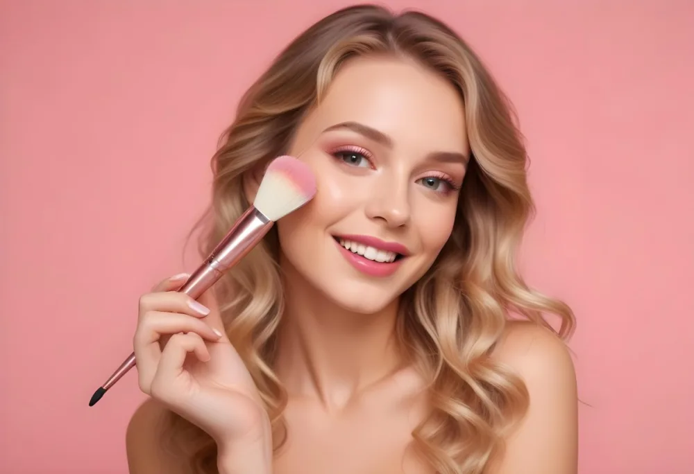 A Caucasian Woman 25 Years Old Blonde Wavy Hair Applying Makeup With A Brush On A Pink Background 6 7007
