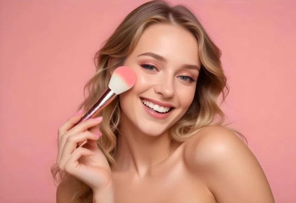 A Caucasian Woman 25 Years Old Blonde Wavy Hair Applying Makeup With A Brush On A Pink Background 7 815a