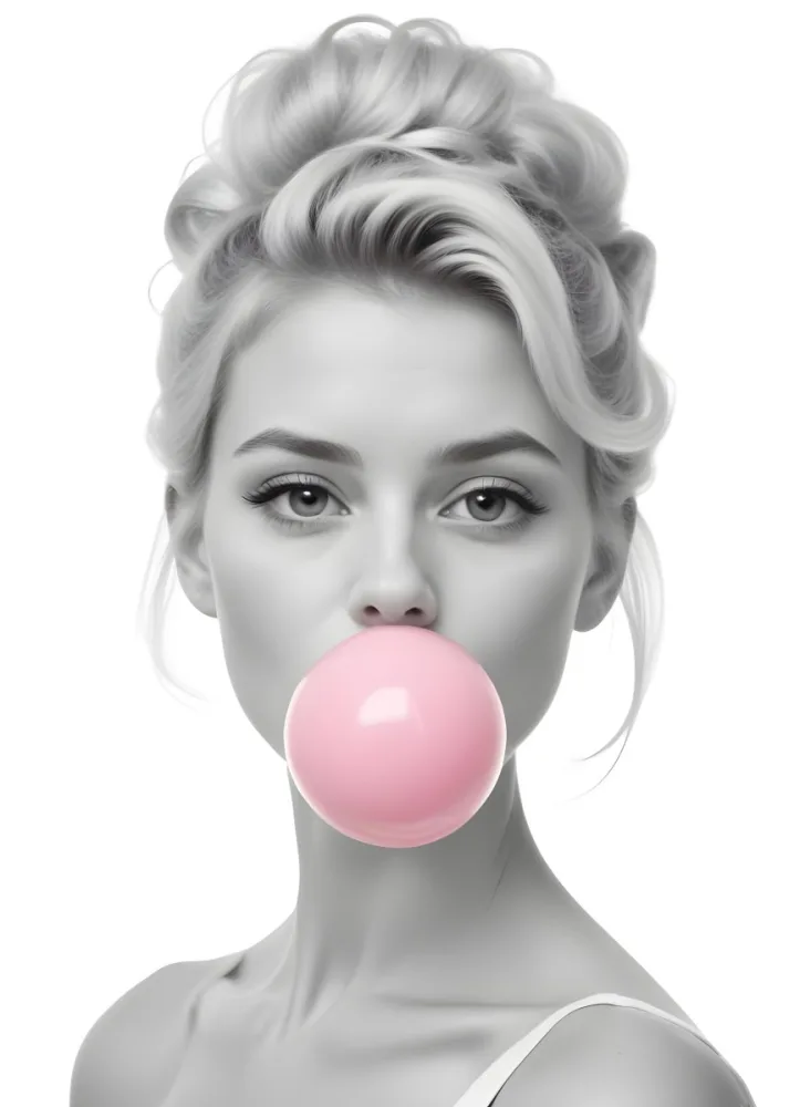 A Caucasian Woman 25 Years Old Blowing A Pink Bubblegum Blonde Hair With An Updo In A White Background 11 F986