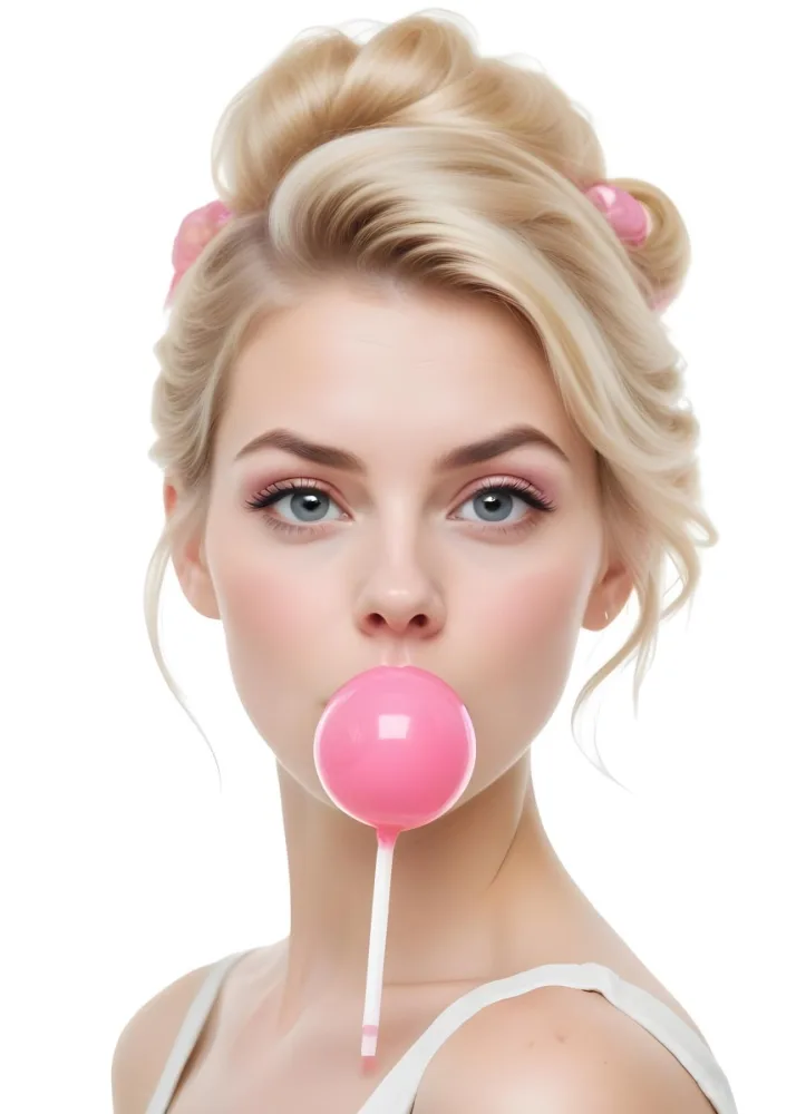 A Caucasian Woman 25 Years Old Blowing A Pink Bubblegum Blonde Hair With An Updo In A White Background 12 6216