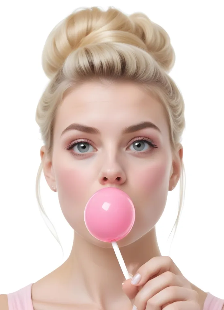 A Caucasian Woman 25 Years Old Blowing A Pink Bubblegum Blonde Hair With An Updo In A White Background 18 6690