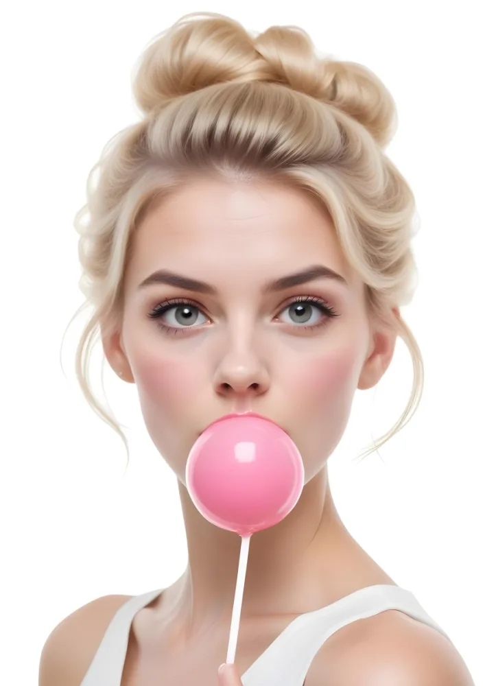 A Caucasian Woman 25 Years Old Blowing A Pink Bubblegum Blonde Hair With An Updo In A White Background 19 78b4
