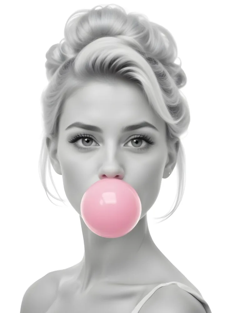 A Caucasian Woman 25 Years Old Blowing A Pink Bubblegum Blonde Hair With An Updo In A White Background 26 4baf