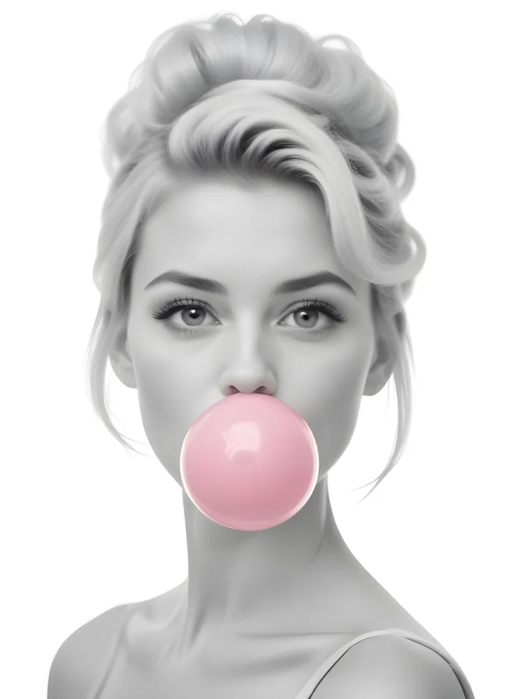 A Caucasian Woman 25 Years Old Blowing A Pink Bubblegum Blonde Hair With An Updo In A White Background 28 7fa5