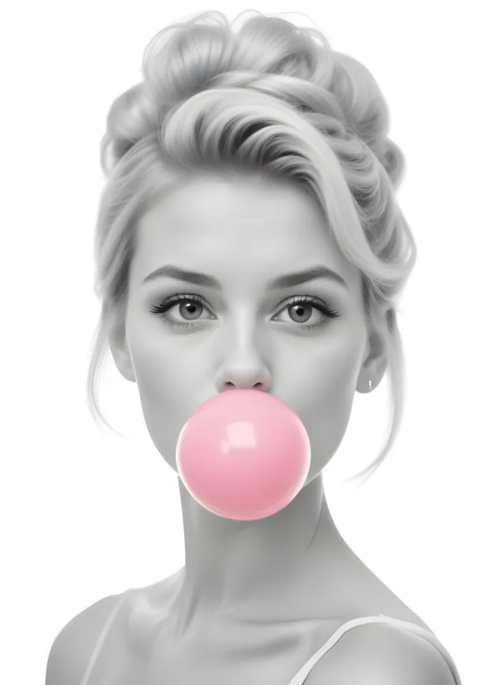 A Caucasian Woman 25 Years Old Blowing A Pink Bubblegum Blonde Hair With An Updo In A White Background 32 A351