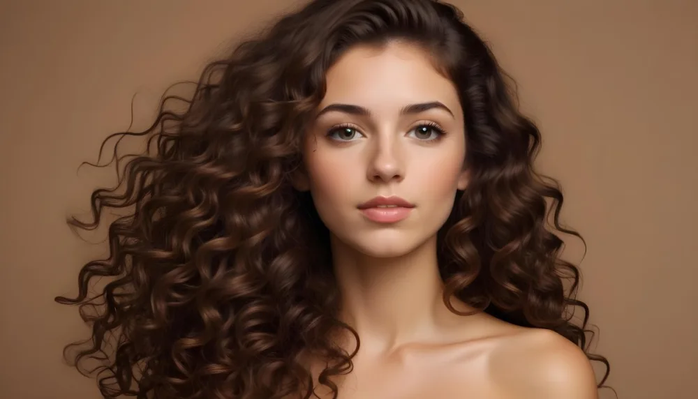 A Caucasian Woman 25 Years Old Brown Curly Hair Brown Background 6 Fd45