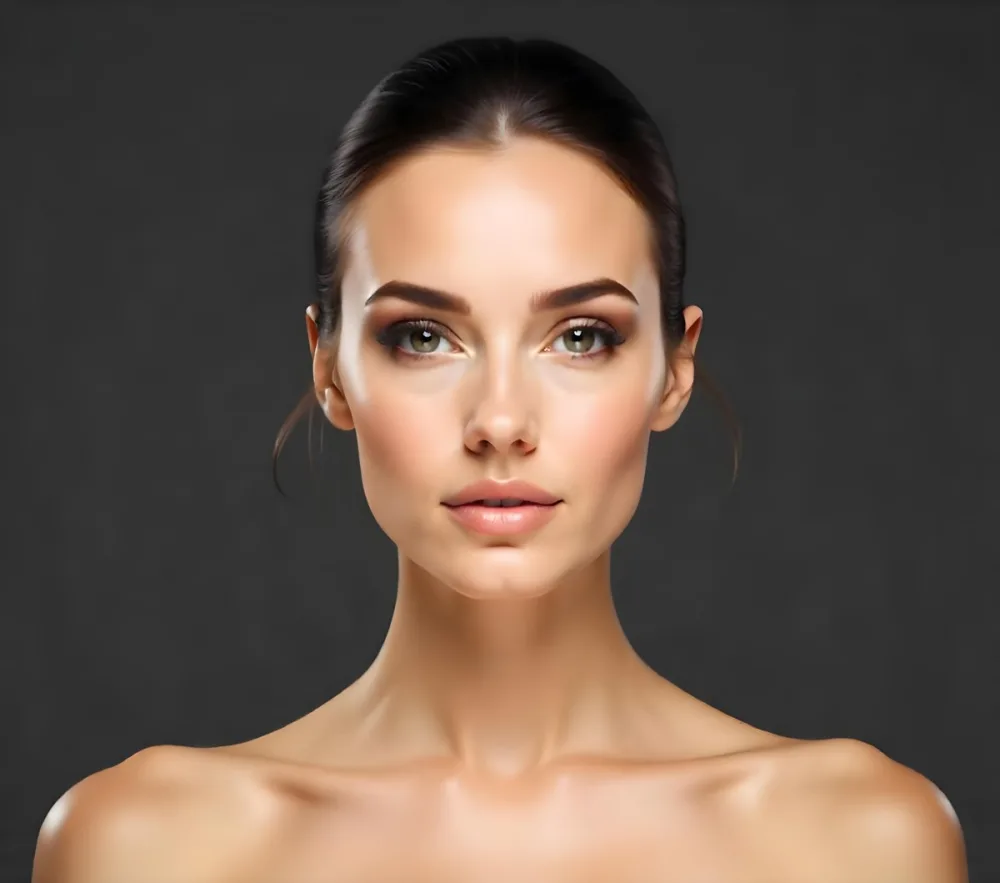A Caucasian Woman 25 Years Old Dark Hair Nude Shoulders Wearing Makeup In A Grey Background 17 0c13