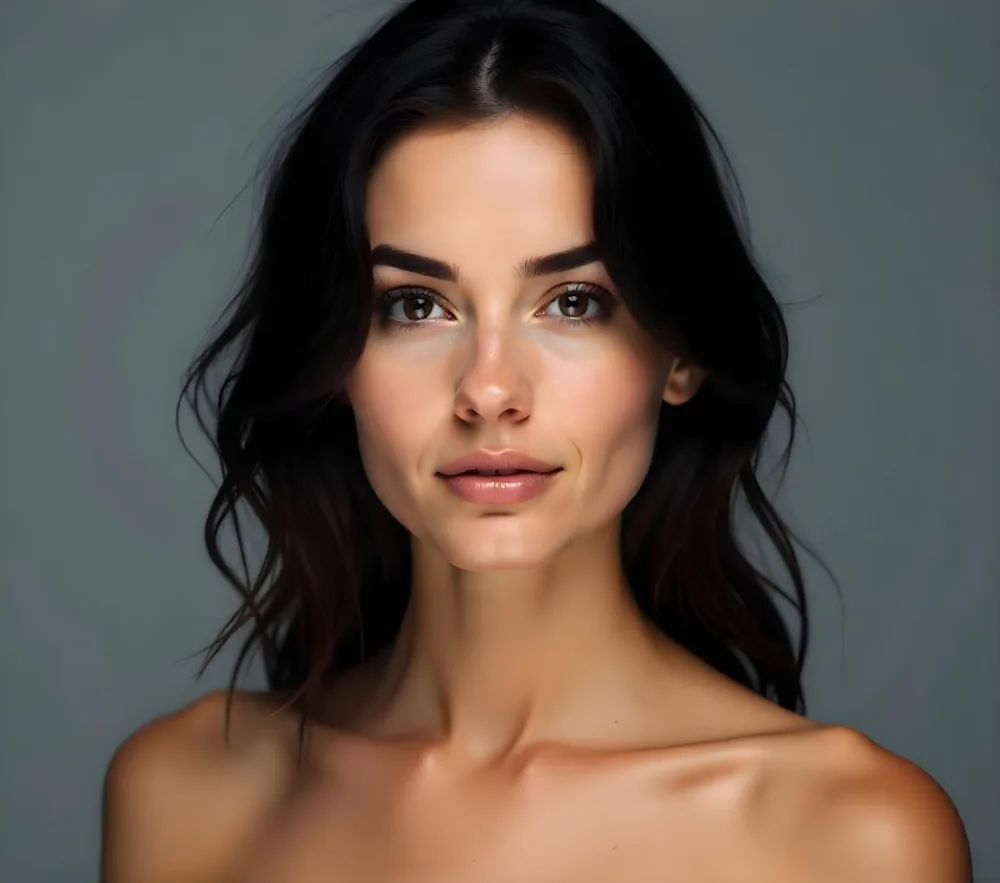 A Caucasian Woman 25 Years Old Dark Hair Nude Shoulders Wearing Makeup In A Grey Background 2 15d5