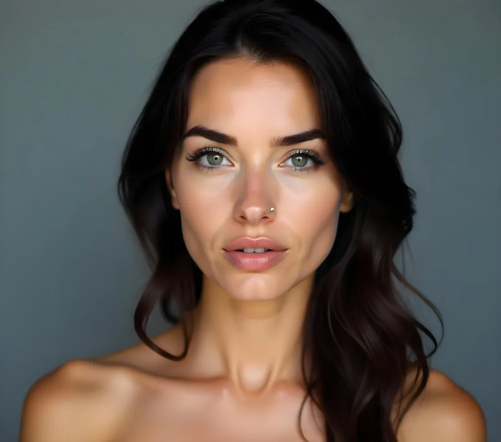 A Caucasian Woman 25 Years Old Dark Hair Nude Shoulders Wearing Makeup In A Grey Background 6 3f49
