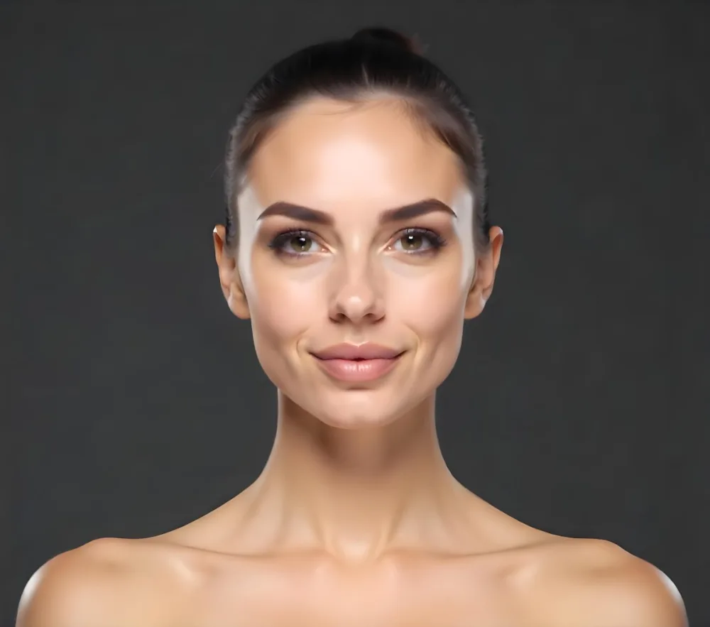 A Caucasian Woman 25 Years Old Dark Hair Nude Shoulders Wearing Makeup In A Grey Background 7 6a6a